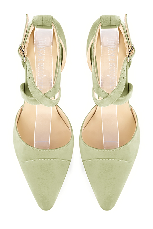 Meadow green women's open side shoes, with crossed straps. Tapered toe. Medium spool heels. Top view - Florence KOOIJMAN